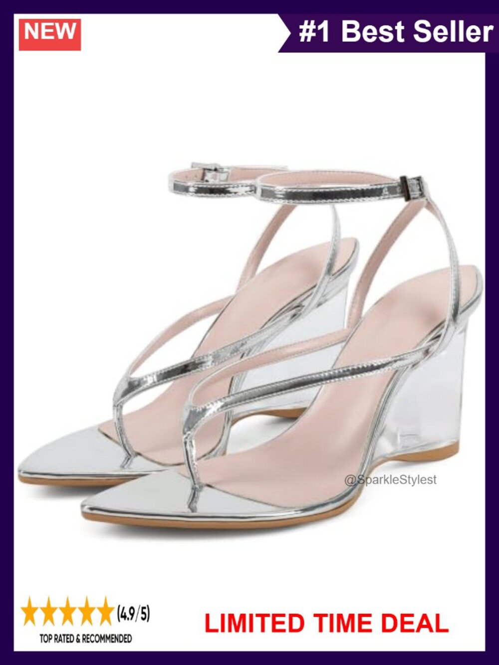 Strappy Wedge Heels Faux Leather Thong Sandals Pointed Toe Buckle